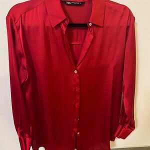 Red satin Zara button up shirt